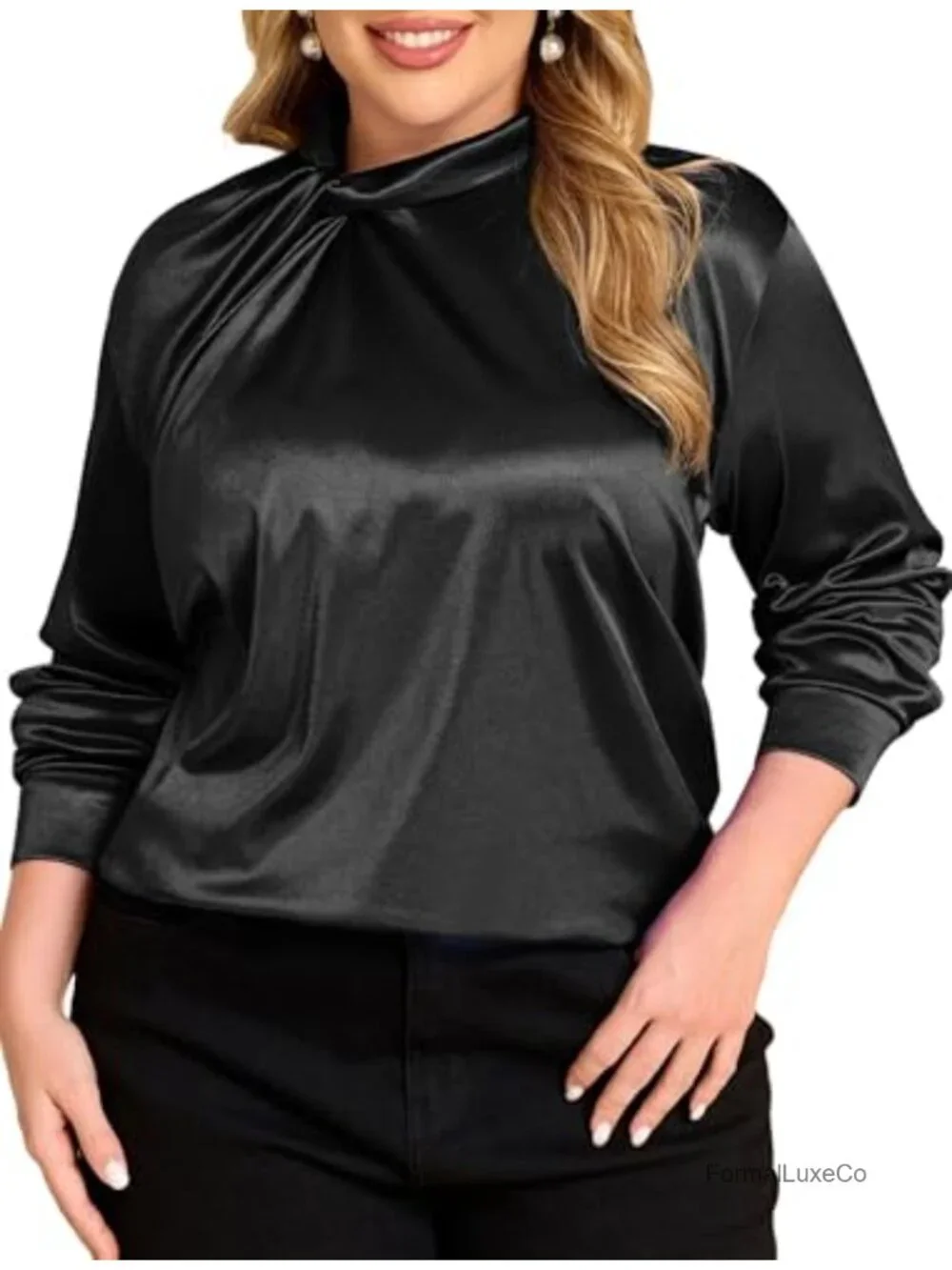 Plus Size Satin Blouse Long Sleeve Twist Mock Neck Dressy Office Work Top